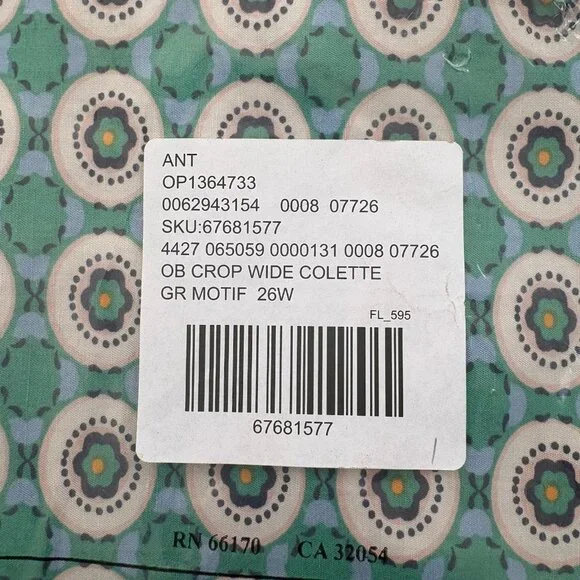 NWT Anthropologie Maeve 26W Wide Leg Colette Cropped Pants Green Motif Pattern - Picture 5 of 6